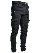 Novos calças de brim dos homens lavar cor sólida multi bolsos denim meados de cintura carga jeans plus size fahsion calças casuais masculino uso diário