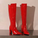 Botas de couro na altura do joelho com zíper para mulheres, sapatos pontiagudos, salto robusto, 9cm, inverno, ao ar livre, sexy, tamanho grande 44, 45, 46