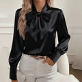 Moda manga longa camisa de seda feminina moda primavera outono nova blusa de cetim feminino arco escritório topos pulôver