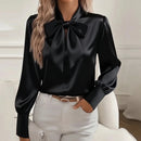 Moda manga longa camisa de seda feminina moda primavera outono nova blusa de cetim feminino arco escritório topos pulôver