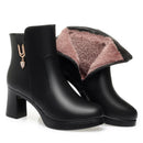 Sapatos de plataforma de lã quente para mulheres, botas de couro curtas impermeáveis, salto alto super, tornozelo preto, luxo, outono, inverno
