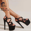 Sandálias Stiletto de plataforma aberta para mulheres, salto alto de banda estreita, sapatos stripper de festa, fivela, pole dancing, verão, 17cm