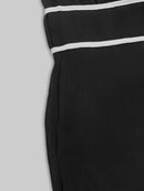 Vestido Maxi Elegante em Chiffon Francês, Gola Alta com Mangas Longas e Acabamento em Piping Branco, Ideal para Escritório, Negócios, Banquetes e Festas