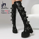 Outono inverno preto feminino acima do joelho botas altas saltos grossos 10.5cm plataforma 5cm estrela fivela rendas até zíper lateral botas longas