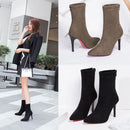 2023 outono inverno novo salto alto veludo botas curtas apontou toe cor sólida salto fino camurça versátil meias botas estiramento feminino