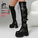 Outono inverno preto feminino acima do joelho botas altas saltos grossos 10.5cm plataforma 5cm estrela fivela rendas até zíper lateral botas longas