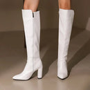 Botas de couro na altura do joelho com zíper para mulheres, sapatos pontiagudos, salto robusto, 9cm, inverno, ao ar livre, sexy, tamanho grande 44, 45, 46