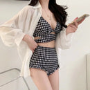 Biquíni Feminino de Cintura Alta Sensual com Efeito Modelador, Xadrez Franzido, Peças Separadas, Térmico, para Férias e Resort