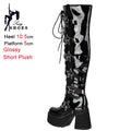 Outono inverno preto feminino acima do joelho botas altas saltos grossos 10.5cm plataforma 5cm estrela fivela rendas até zíper lateral botas longas