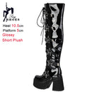 Outono inverno preto feminino acima do joelho botas altas saltos grossos 10.5cm plataforma 5cm estrela fivela rendas até zíper lateral botas longas