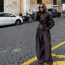 Calças Femininas Casuais Chiques de Perna Larga Vintage para Escritório com Cintura Alta, Bolsos e Pregas, Calças Longas Primavera Verão 2026 Estilo Streetwear
