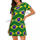 Vestido T-Shirt Feminino Estampado com Bandeira do Brasil Verão 2026, Solto, Gola O, Manga Curta, Pulôver, Camisola Feminina
