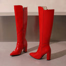 Botas de couro na altura do joelho com zíper para mulheres, sapatos pontiagudos, salto robusto, 9cm, inverno, ao ar livre, sexy, tamanho grande 44, 45, 46