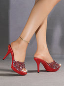 Chinelos femininos de verão, 10.5cm, plataforma antiderrapante, lantejoulas, sapatos de salto alto para mulheres, sandálias vermelhas de luxo