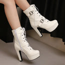 Plataforma botas curtas mulher outono e inverno 12cm salto alto cinto fivela tornozelo botas 2025 sola grossa sapatos de motocicleta tamanho 35-46