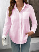 Camisa Feminina Casual de Algodão Puro com Pregas e Mangas Longas