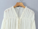 Camisa Feminina de Manga Longa com Decote em V e Laço Frontal, Franzida, Estilo Lotus Root, Transparente e Solta, em Chiffon, para Primavera e Verão