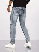 Jeans de retalhos angustiados de dois tons para homens jeans da moda para o verão calças finas de perna reta ajuste fino jeans de perna pequena angustiados