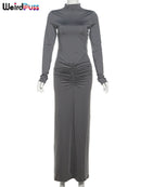 Estranho gato hipster vestido ruched feminino o-pescoço manga cheia magro estiramento robe outono tendência simples clássico pregas longo bodycon