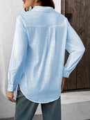 Camisa Feminina Casual de Algodão Puro com Pregas e Mangas Longas