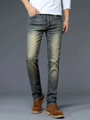 Calças Jeans Masculinas Retrô de Alta Qualidade com Corte Reto e Stretch, Moda Urbana Casual, Calças Longas de Algodão para P...
