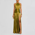 Vestido Midi Sem Costas com Fenda, Decote com Cinto, Sem Mangas, Formal, em Tecido de Poliéster, Saia Franzida, Cintura Média...