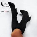 Botas de meia-panturrilha preta de camurça falsa de alta qualidade para mulheres, saltos finos, dedo apontado, zip, bombas de festa, sexy, moda primavera, tamanhos 35-43