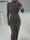 Estranho gato hipster vestido ruched feminino o-pescoço manga cheia magro estiramento robe outono tendência simples clássico pregas longo bodycon
