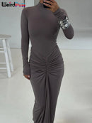 Estranho gato hipster vestido ruched feminino o-pescoço manga cheia magro estiramento robe outono tendência simples clássico pregas longo bodycon
