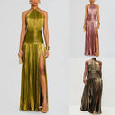 Vestido Midi Sem Costas com Fenda, Decote com Cinto, Sem Mangas, Formal, em Tecido de Poliéster, Saia Franzida, Cintura Média...