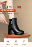 Sapatos de plataforma de lã quente para mulheres, botas de couro curtas impermeáveis, salto alto super, tornozelo preto, luxo, outono, inverno