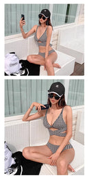 Biquíni Feminino de Cintura Alta Sensual com Efeito Modelador, Xadrez Franzido, Peças Separadas, Térmico, para Férias e Resort