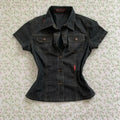 Camisa de Denim Preta Feminina de Manga Curta com Botões, Top Clássico de Denim Cropped com Gola Lapela, Ajuste Slim e Confortável para Uso Diário