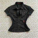 Camisa de Denim Preta Feminina de Manga Curta com Botões, Top Clássico de Denim Cropped com Gola Lapela, Ajuste Slim e Confortável para Uso Diário