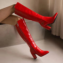 Botas de couro na altura do joelho com zíper para mulheres, sapatos pontiagudos, salto robusto, 9cm, inverno, ao ar livre, sexy, tamanho grande 44, 45, 46