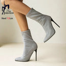 Botas de meia sexy para mulheres 12cm salto alto fino senhoras dedo do pé pontiagudo botas de tornozelo curto plus size 46 deslizamento-em sapatos de inverno botas mujer