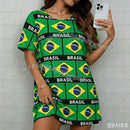 Vestido T-Shirt Feminino Estampado com Bandeira do Brasil Verão 2026, Solto, Gola O, Manga Curta, Pulôver, Camisola Feminina