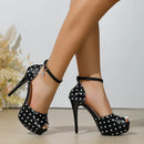 Novas Sandálias Femininas Vintage de Salto Alto Grosso de 12,5 CM com Tira no Tornozelo, Salto Fino, Peep-toe, Vazadas, para Banquete
