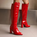 Botas de couro na altura do joelho com zíper para mulheres, sapatos pontiagudos, salto robusto, 9cm, inverno, ao ar livre, sexy, tamanho grande 44, 45, 46