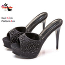 Chinelos de cristal para mulheres, nova plataforma fashion 12cm, saltos altos finos, slides de grife, sandálias de strass luxuosas, sapatos de verão 2022
