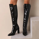 Botas de couro na altura do joelho com zíper para mulheres, sapatos pontiagudos, salto robusto, 9cm, inverno, ao ar livre, sexy, tamanho grande 44, 45, 46