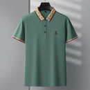 Camisa Polo Masculina Premium com Detalhes Listrados, Emblema Bordado, Tecido Respirável, Versátil para Trabalho e Ocasiões Casuais