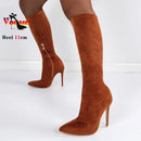 Botas de meia-panturrilha preta de camurça falsa de alta qualidade para mulheres, saltos finos, dedo apontado, zip, bombas de festa, sexy, moda primavera, tamanhos 35-43