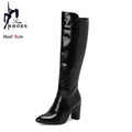 Botas de couro na altura do joelho com zíper para mulheres, sapatos pontiagudos, salto robusto, 9cm, inverno, ao ar livre, sexy, tamanho grande 44, 45, 46