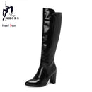 Botas de couro na altura do joelho com zíper para mulheres, sapatos pontiagudos, salto robusto, 9cm, inverno, ao ar livre, sexy, tamanho grande 44, 45, 46