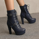 Plataforma botas curtas mulher outono e inverno 12cm salto alto cinto fivela tornozelo botas 2025 sola grossa sapatos de motocicleta tamanho 35-46