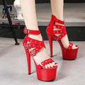Sandálias Stiletto de plataforma aberta para mulheres, salto alto de banda estreita, sapatos stripper de festa, fivela, pole dancing, verão, 17cm