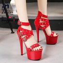 Sandálias Stiletto de plataforma aberta para mulheres, salto alto de banda estreita, sapatos stripper de festa, fivela, pole dancing, verão, 17cm