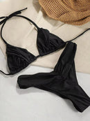 Conjunto de Biquíni Sexy com Detalhes Franzidos, Micro Biquínis Sólidos, Roupa de Banho Feminina, Moda Praia