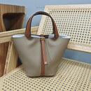Bolsa de couro de vaca de camada superior, estilo europeu, bolsa tipo balde, cesta de vegetais frescos, bolsa fena com al...